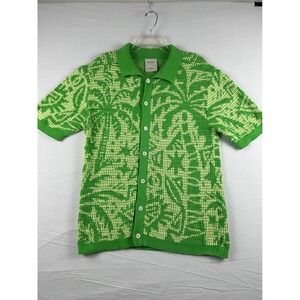 Massive Luxury Mens Green Palm Leaf Knit Button Down Polo Shirt Size M RN96415